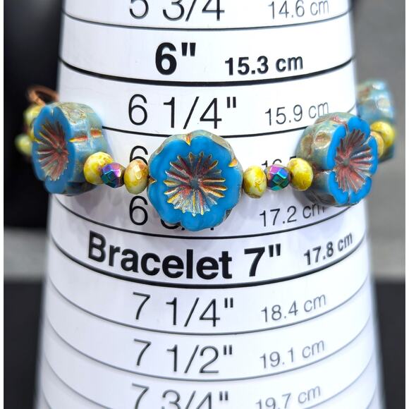 Pieces of Lena Handmade Bracelet, Blue Hibiscus Flower Beads, Hook Clasp - Picture 5 of 5